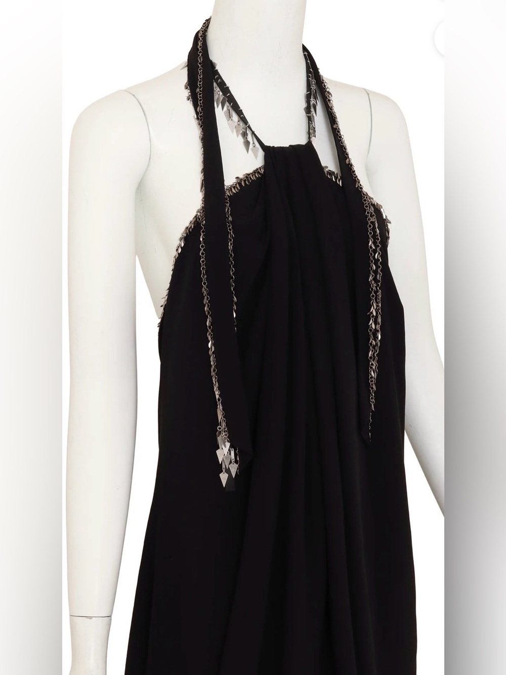 Saint Laurent 100% Silk Black Backless Halter Dress with Silver Chain Detail